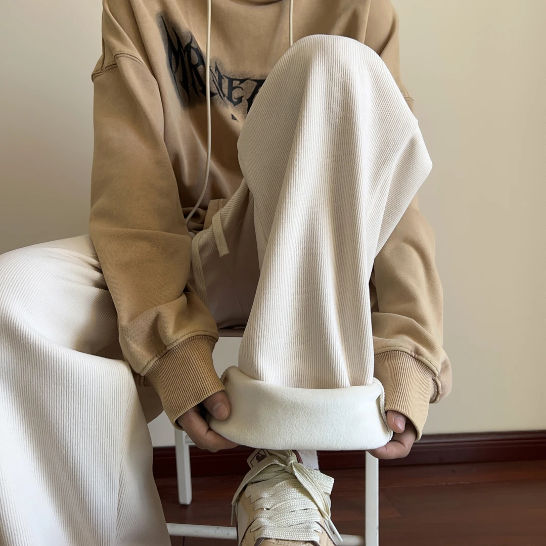 加绒加厚休闲裤男士直筒宽松秋冬保暖潮流灯芯绒阔腿拖地裤长裤子