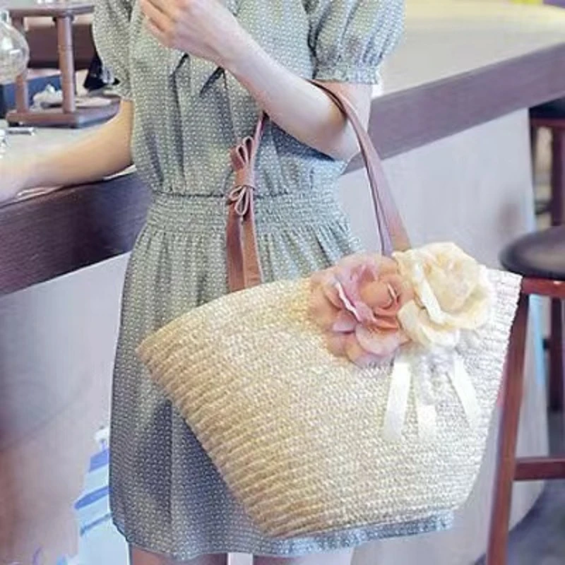 注意微瑕小麦草棕色编织百搭沙滩度假风斜挎手提包镂空单肩包