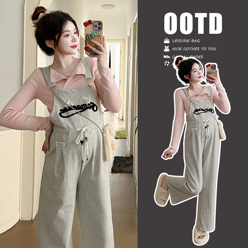 孕妇装春秋款背带裤套装两件套外穿网红同款穿搭时尚工装连体裤子