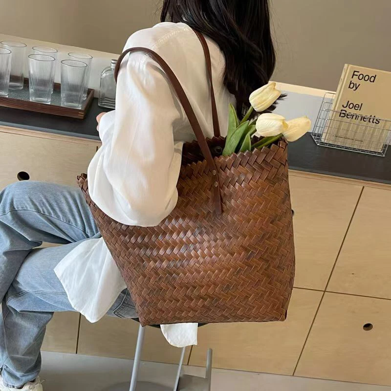 百搭时尚单肩夏季大容量包包腋下通勤休闲草编肩包编织包简约包包