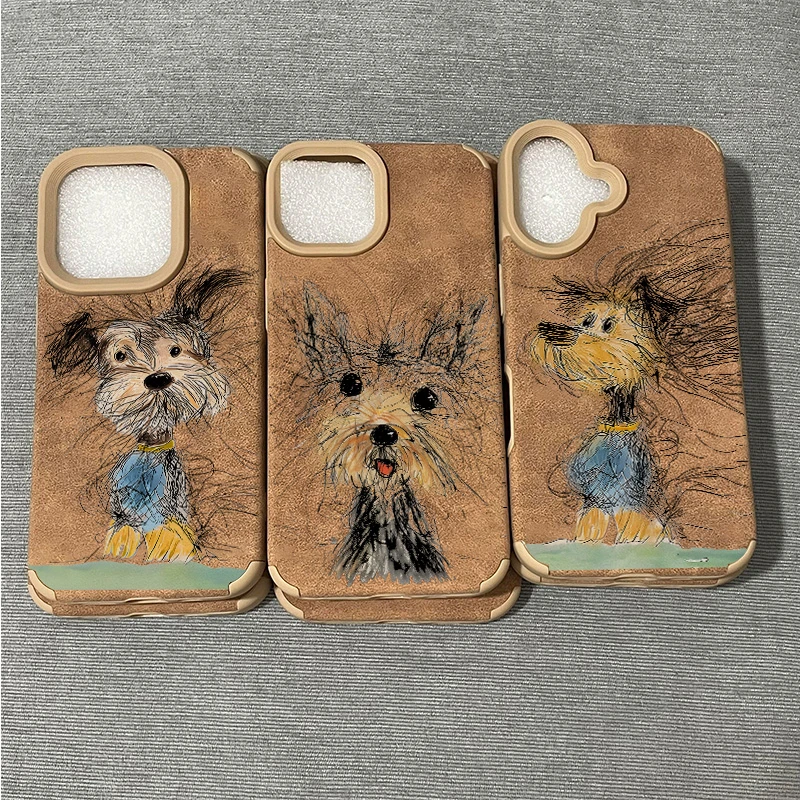 KEWU秋冬咖色凌乱小狗适用苹果16pro手机壳iPhone15翻毛皮14软13