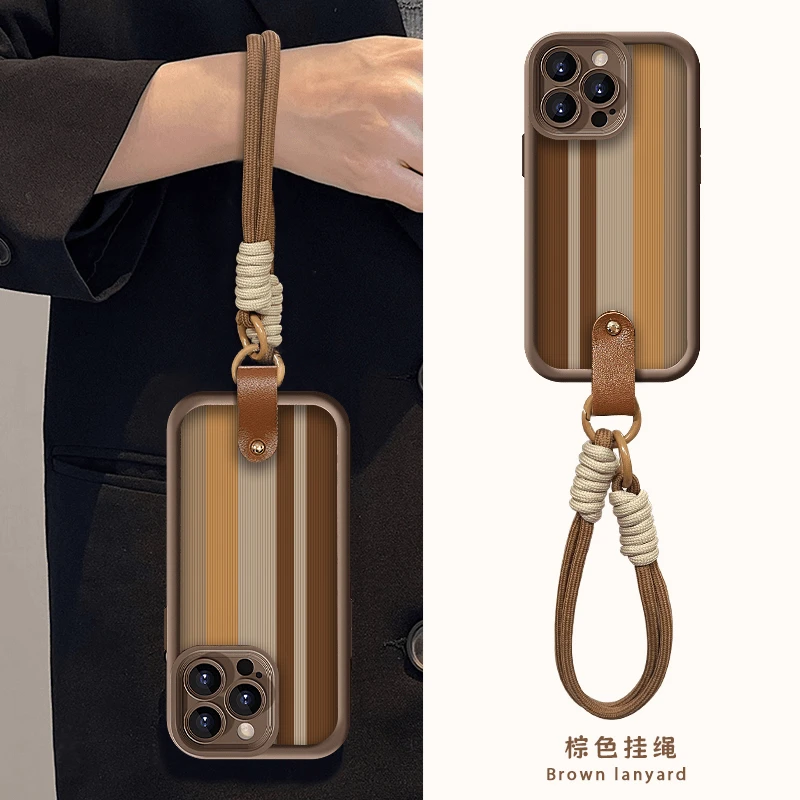 KEWU秋冬美拉德条纹适用苹果15华为p70vivo挂绳oppo小米14手机壳