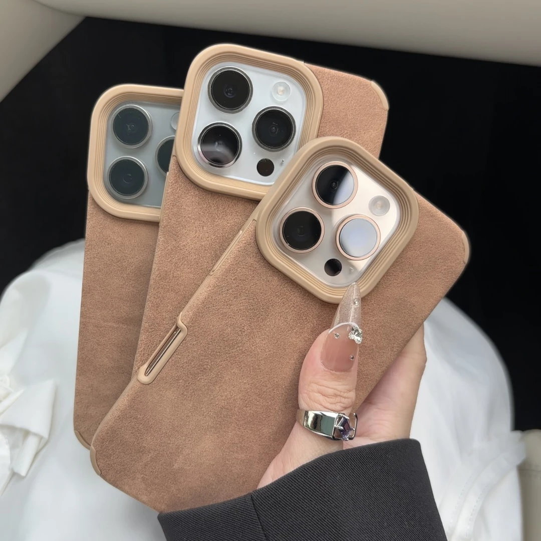 KEWU棕色翻毛皮适用iPhone16/15promax手机壳苹果14防摔13软12男