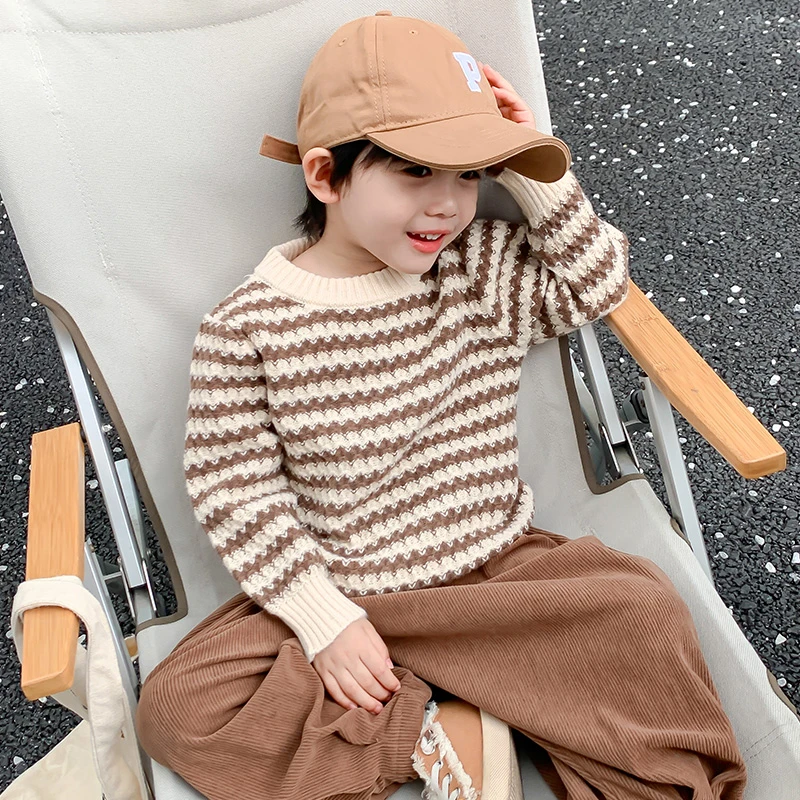 儿童毛衣秋季男女童韩版洋气圆领条纹软糯针织套头衫上衣T2339