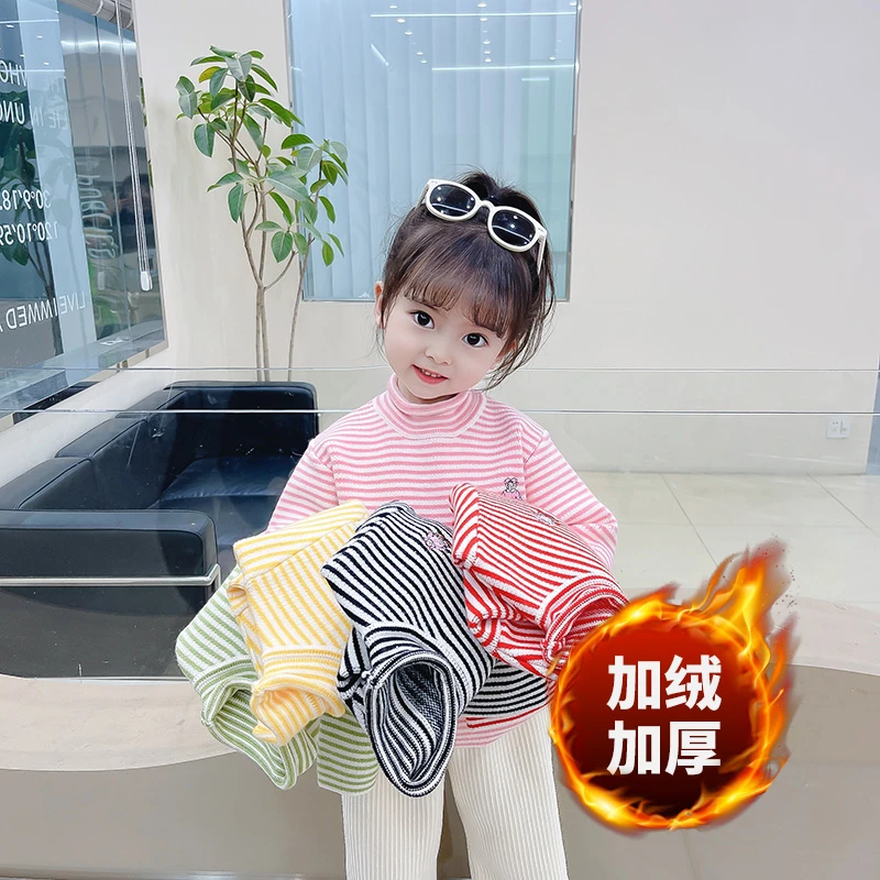 【直播专属】T2271儿童毛衣加绒秋冬款洋气一体绒条纹针织打底衫