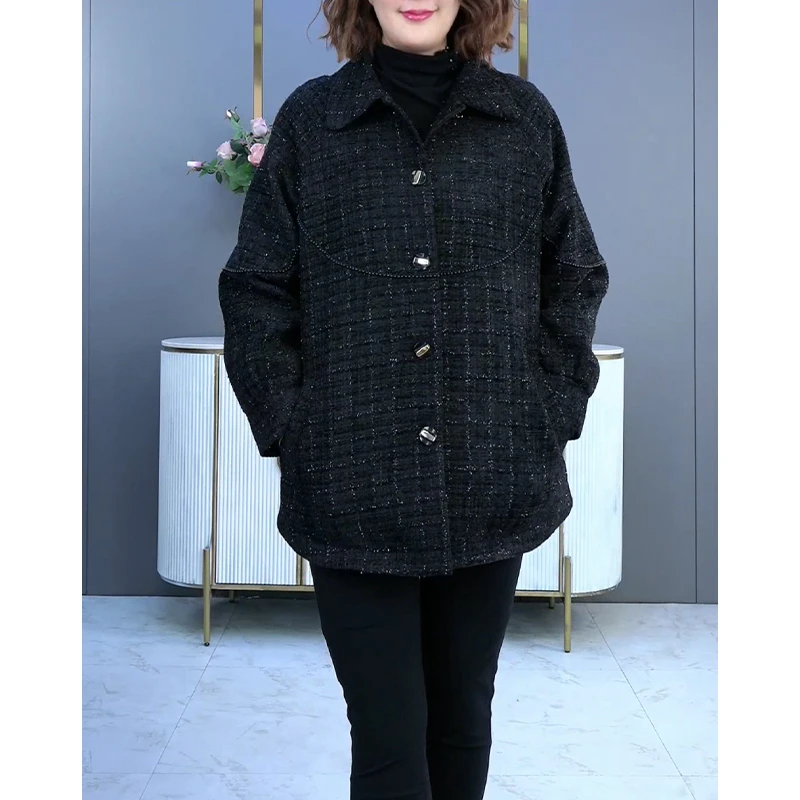 大码女装黑色时尚气质小香风加厚高档韩版格子开衫外套ZB5459