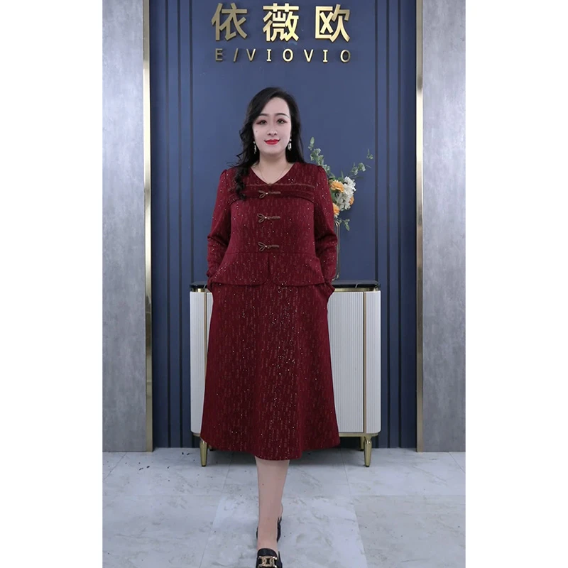 依薇欧大码女装长袖宽松假两件水洗连衣裙端庄优雅显瘦裙子241228