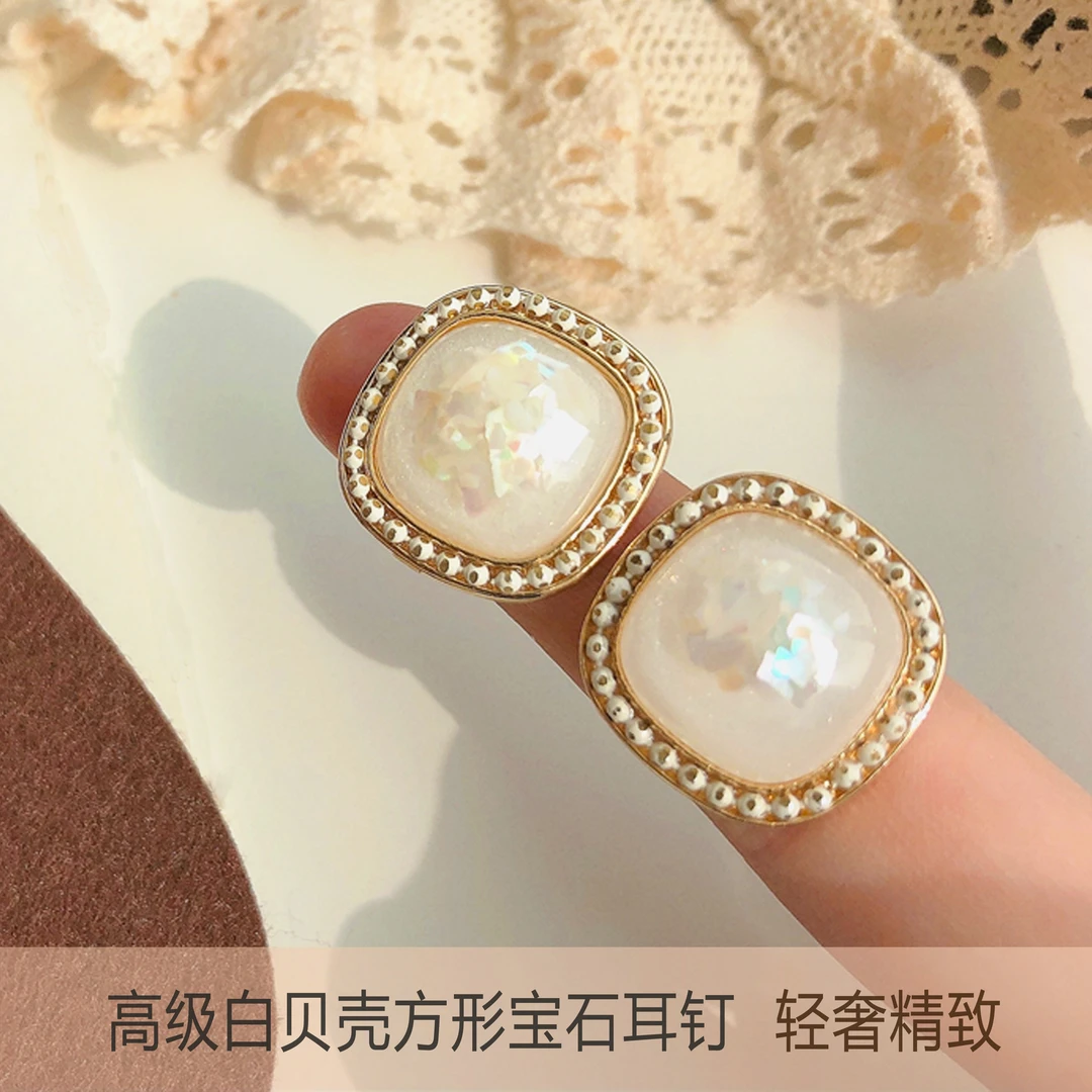 合金耳饰 正品白色恋人复古贝壳碎片细闪方形宝石耳钉无耳洞耳夹