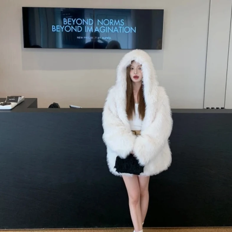 【北海道初雪】中长款仿狐狸毛冬天加绒加厚连帽毛毛外套798710