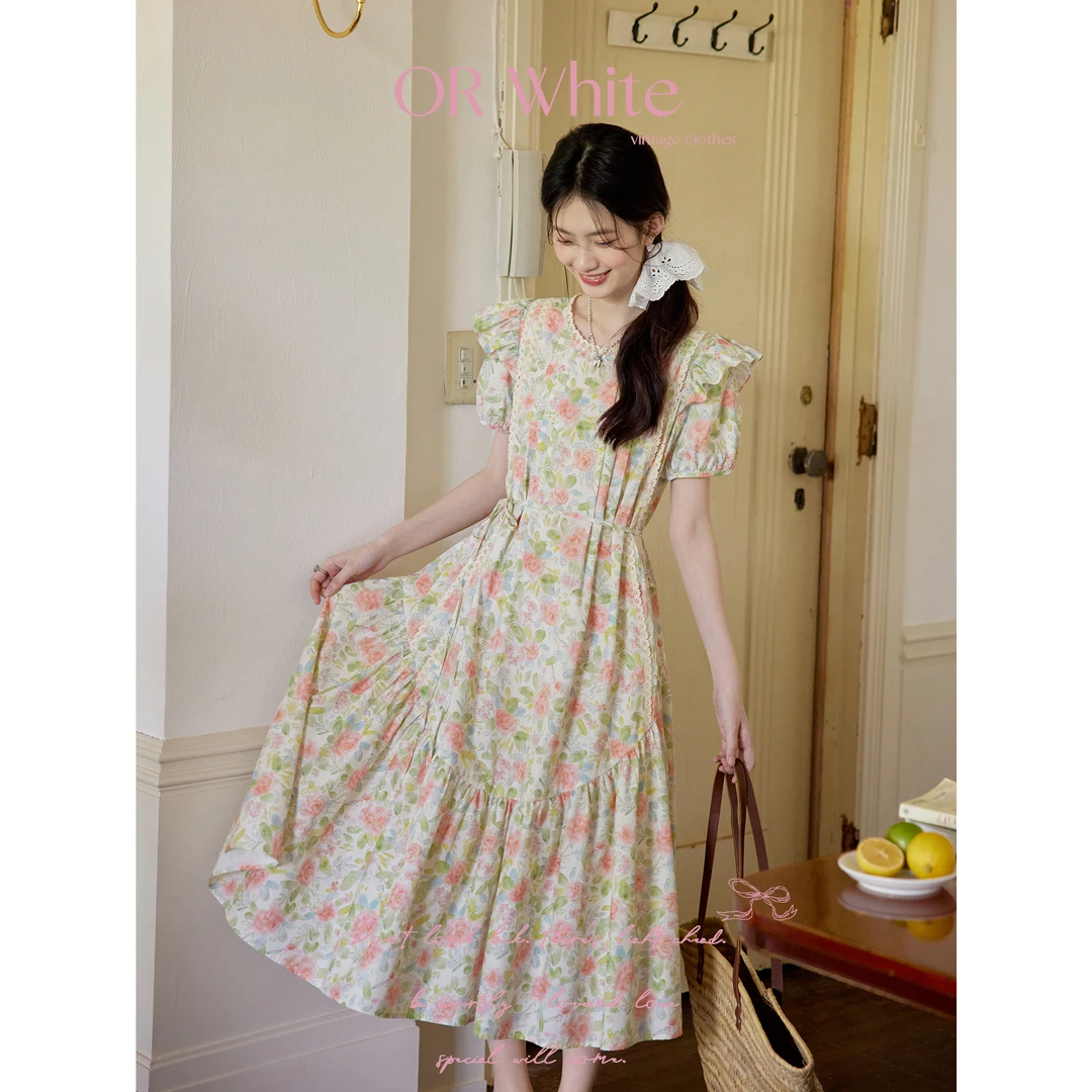 ORWhite 夏日油画感法式复古蕾丝花边小飞袖碎花连衣裙短袖女夏季