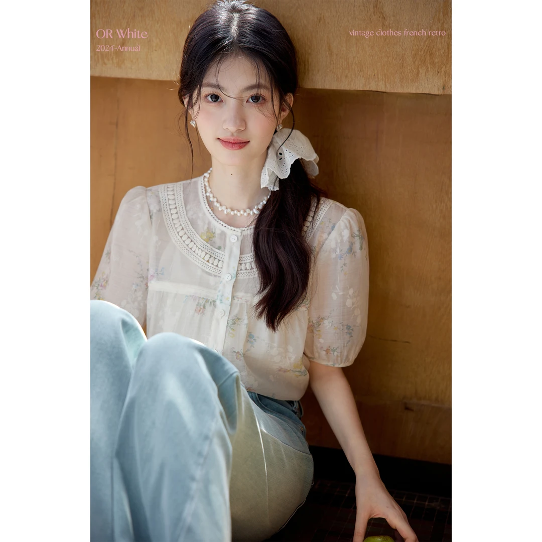 ORWhite 花卉印花淡粉色新中式衬衫女圆领显瘦碎花娃娃衫上衣