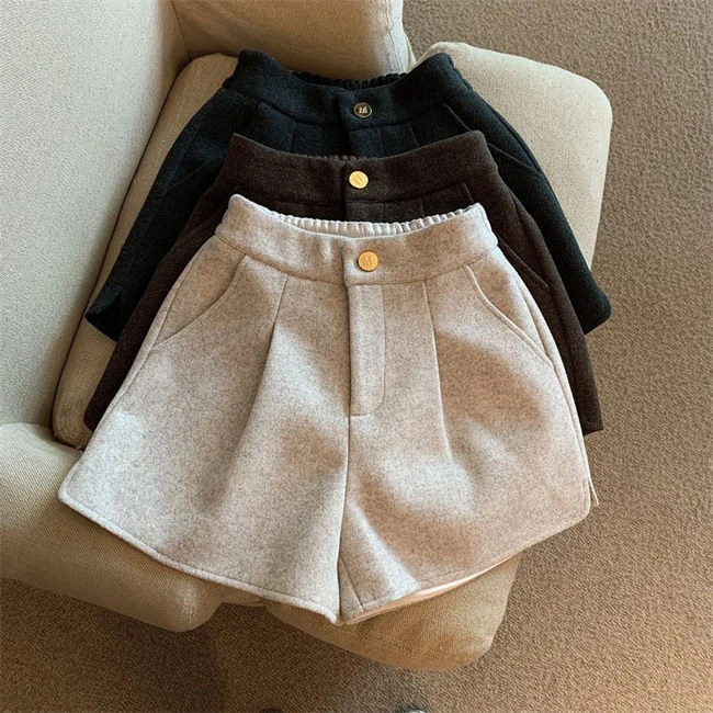 女童秋冬新款色毛呢开叉阔腿短裤松紧高腰宽松直筒休闲外穿靴裤