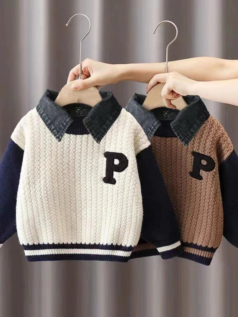男童毛衣秋冬款假两件2024新款儿童针织衫厚中大童冬季打