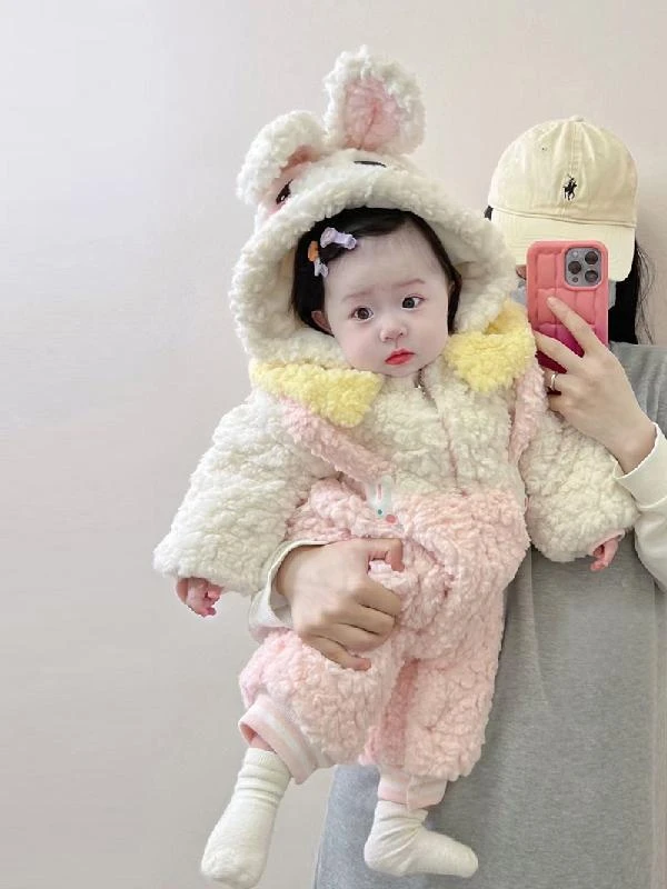 巴拉拉吧婴儿连体衣冬款衣服加绒加厚爬服夹棉棉衣女宝宝冬季百天
