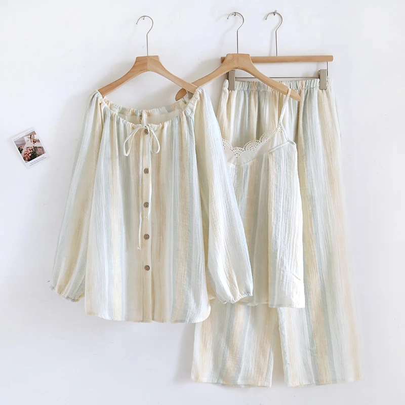 睡衣春夏季薄款三件套长袖九分裤可外穿宝宝纱全棉家居服女