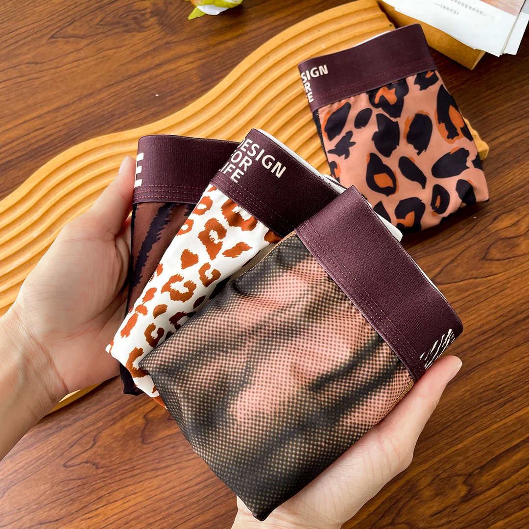 豹纹冰丝男士内裤夏季薄款透气时尚性感潮流个性男生平角四角短裤