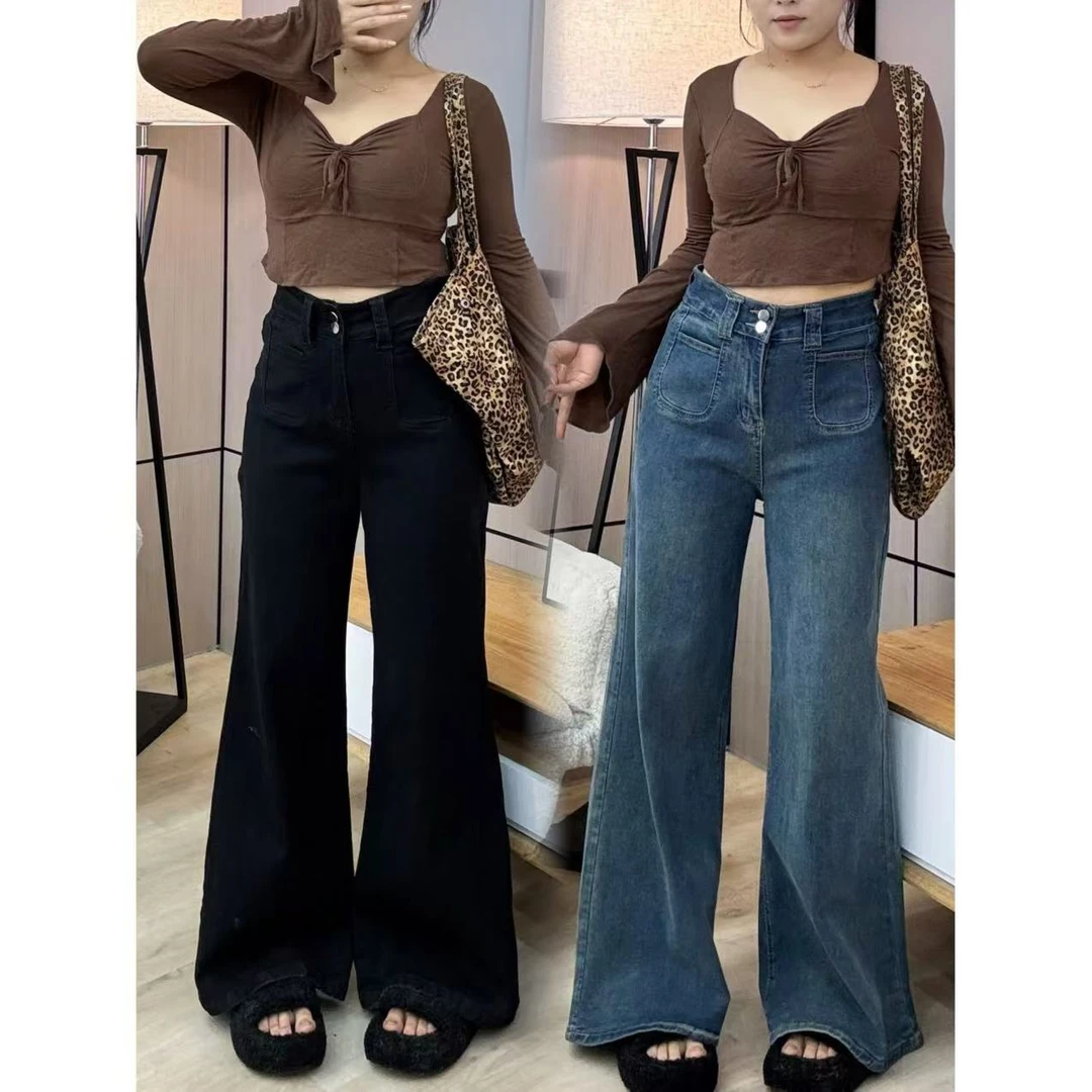 春秋复古弹力微喇高腰牛仔裤女2025休闲百搭宽松显瘦阔腿裤