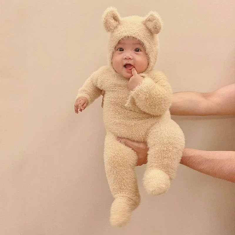 婴儿衣服秋冬装连体衣男女宝宝可爱超萌水貂毛包脚哈衣外出yy加厚