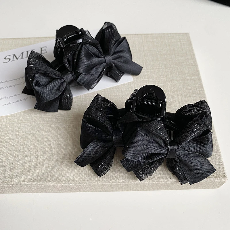 2024秋冬新款法式网红百搭气质可爱黑色缎面蝴蝶结7cm抓夹