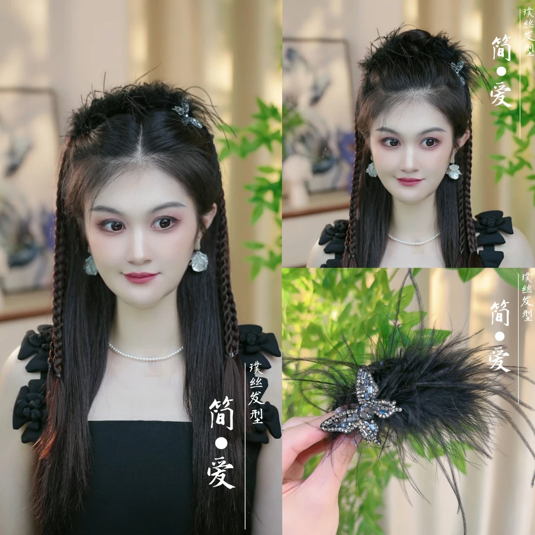 2024秋冬款高级感轻奢黑色羽毛水钻蝴蝶结精致发夹百搭时尚小抓夹