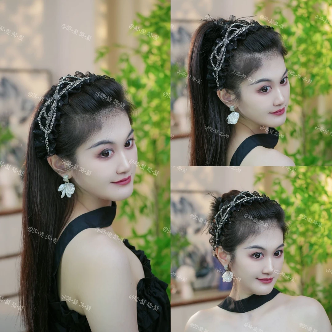 2024款超仙轻奢气质高级感显发量满钻多层蝴蝶结蕾丝发箍发饰