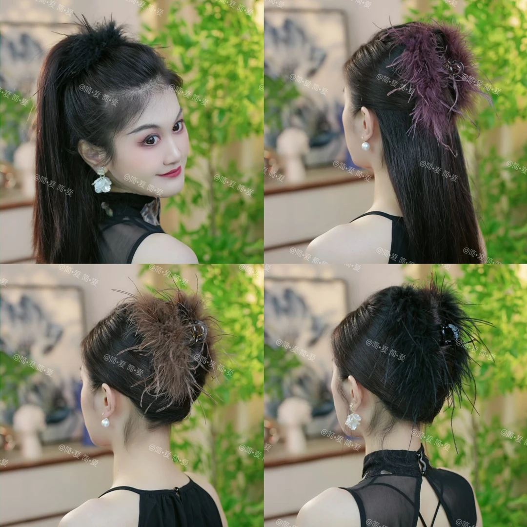 2024秋冬新款超仙羽毛抓夹大号显发量后脑勺盘发鲨鱼夹发夹头饰