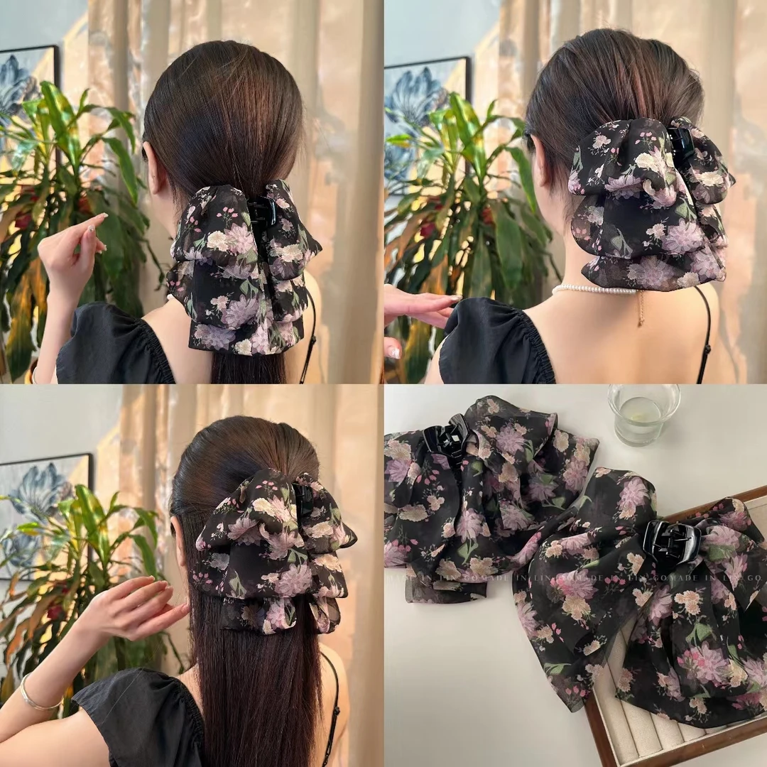 花容玉貌碎花雪纺蝴蝶结马尾夹高级温柔法式抓夹