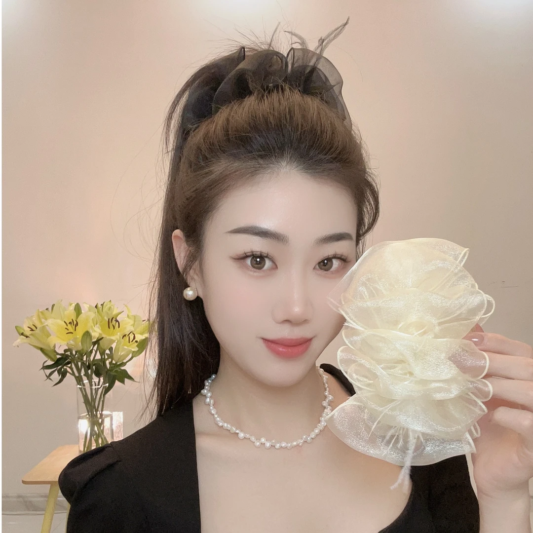 非金属布艺发饰 羽毛泡泡蓬松蝴蝶结公主头发夹后脑勺大号鲨鱼夹