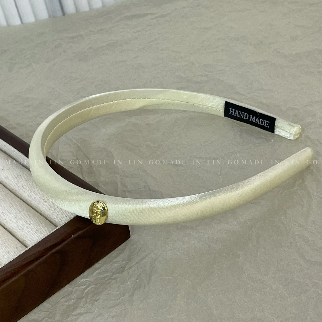 合金布艺发饰 简约纯色布艺细发箍光泽缎面金标细头箍绿气质发箍