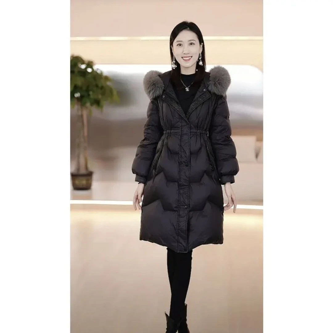 中长款服女2023年冬季新款大毛领高腰显瘦时尚爆款白外套