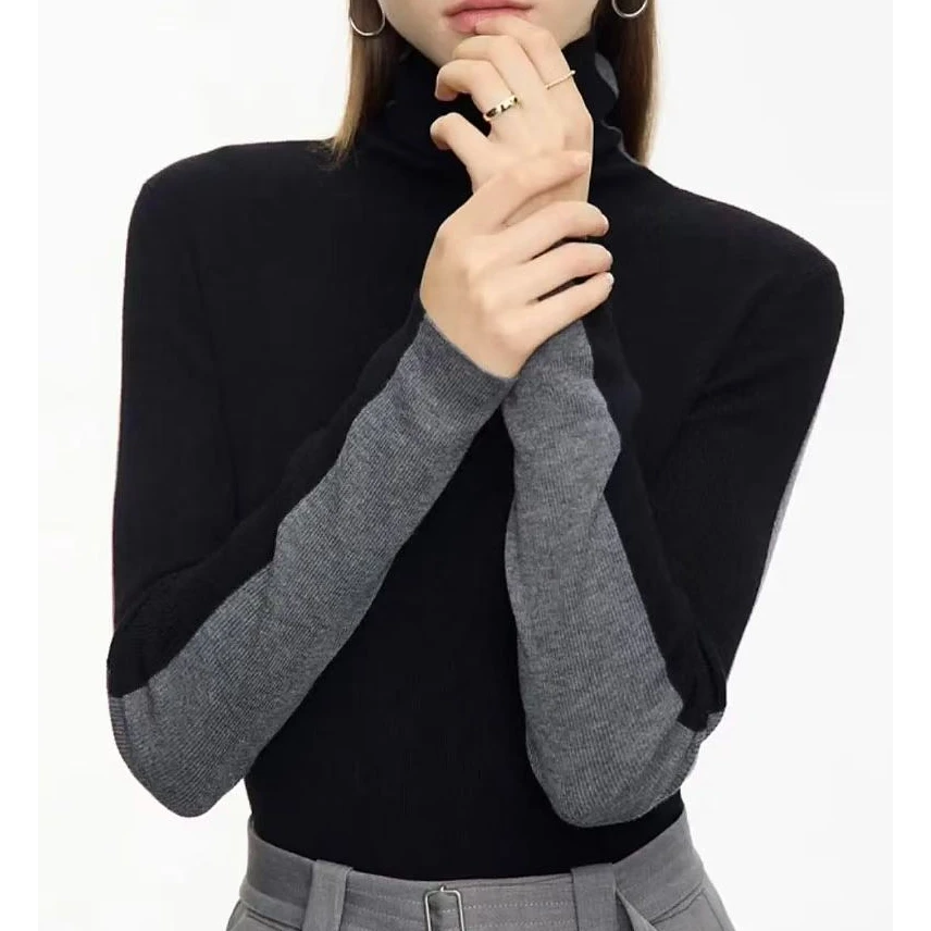 Sue.M撞色拼接高领针织打底修身显瘦上衣女秋季新款