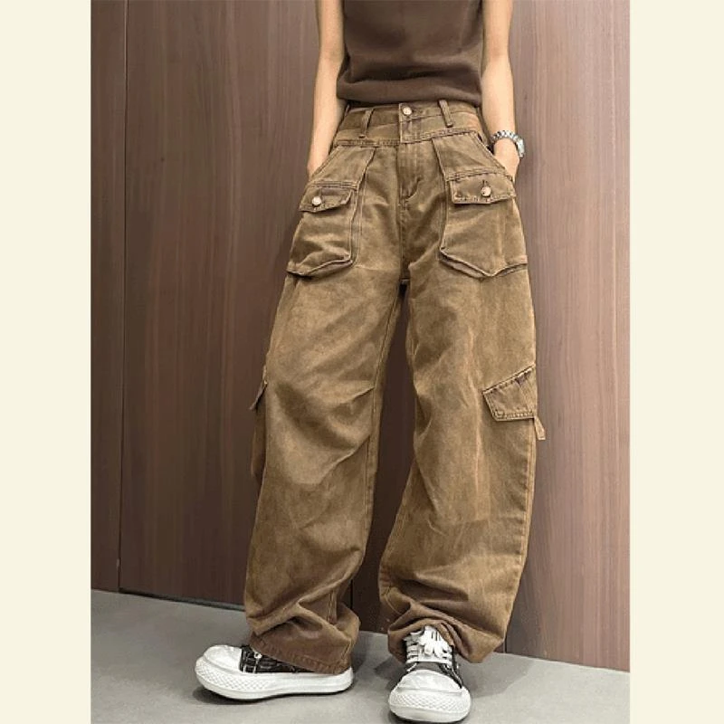 2024秋高端洋气美式咖色工装裤女高腰显瘦宽松又a又飒阔腿裤