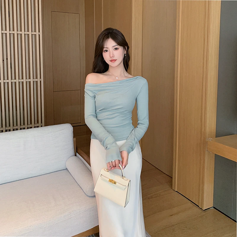 岛歌夫人 多色可入纯色荡领收腰修身长袖T恤女秋一字斜肩露肩上衣