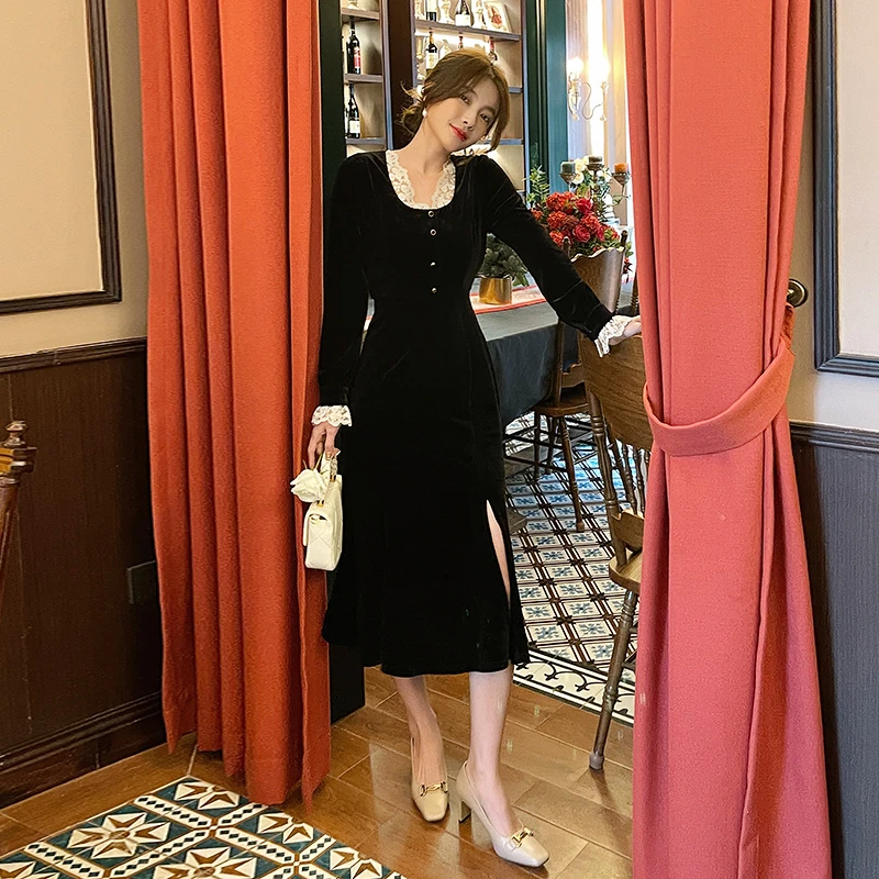 岛歌夫人赫本风法式复古黑色高端丝绒连衣裙女春秋修身气质小黑裙
