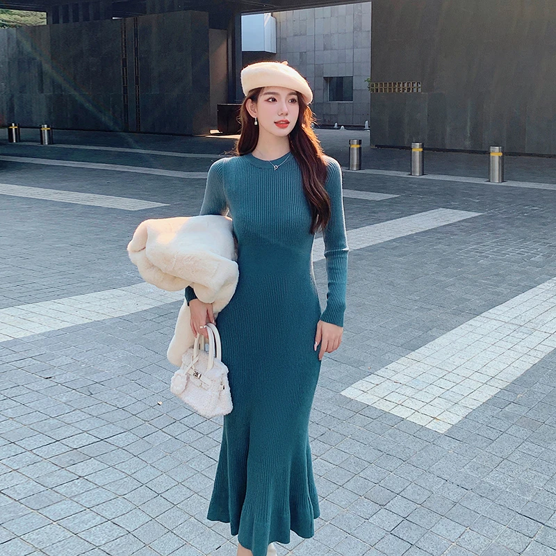 岛歌夫人针织连衣裙女秋冬修身打底毛衣裙内搭包臀裙长款鱼尾裙子