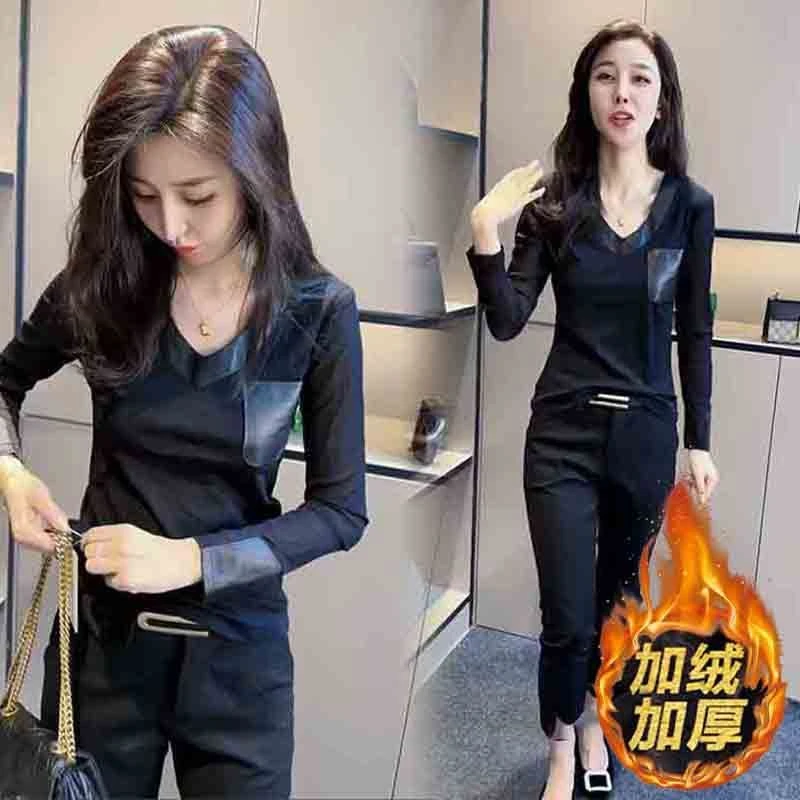 上衣显瘦长袖时尚加绒加厚秋冬套装上衣显瘦长袖时尚加绒加厚气质