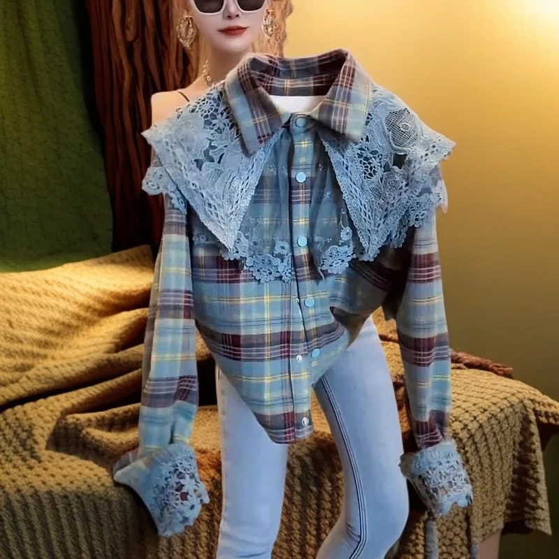 衬衫衬衣牛仔洋气时尚格子拼接上衣衬衫衬衣牛仔洋气时尚格子拼接