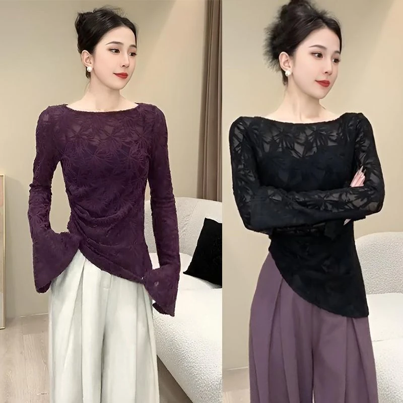 打底衫显瘦内搭气质长袖修身练功服蕾丝打底衫显瘦内搭气质长袖