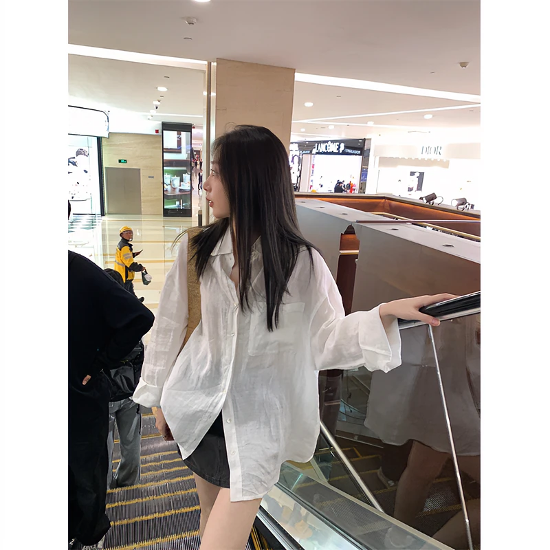 衬衫女士夏季纯色POLO领排扣白色百搭小众薄款韩版设计感上衣