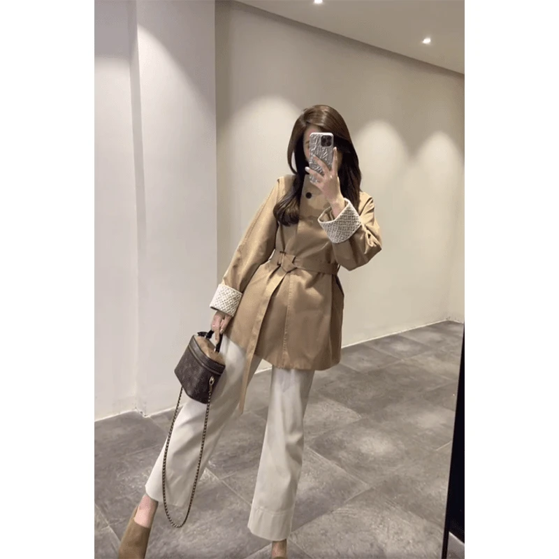 法式穿搭女士秋季长袖系带镂空袖边显瘦百搭小众风衣休闲长裤