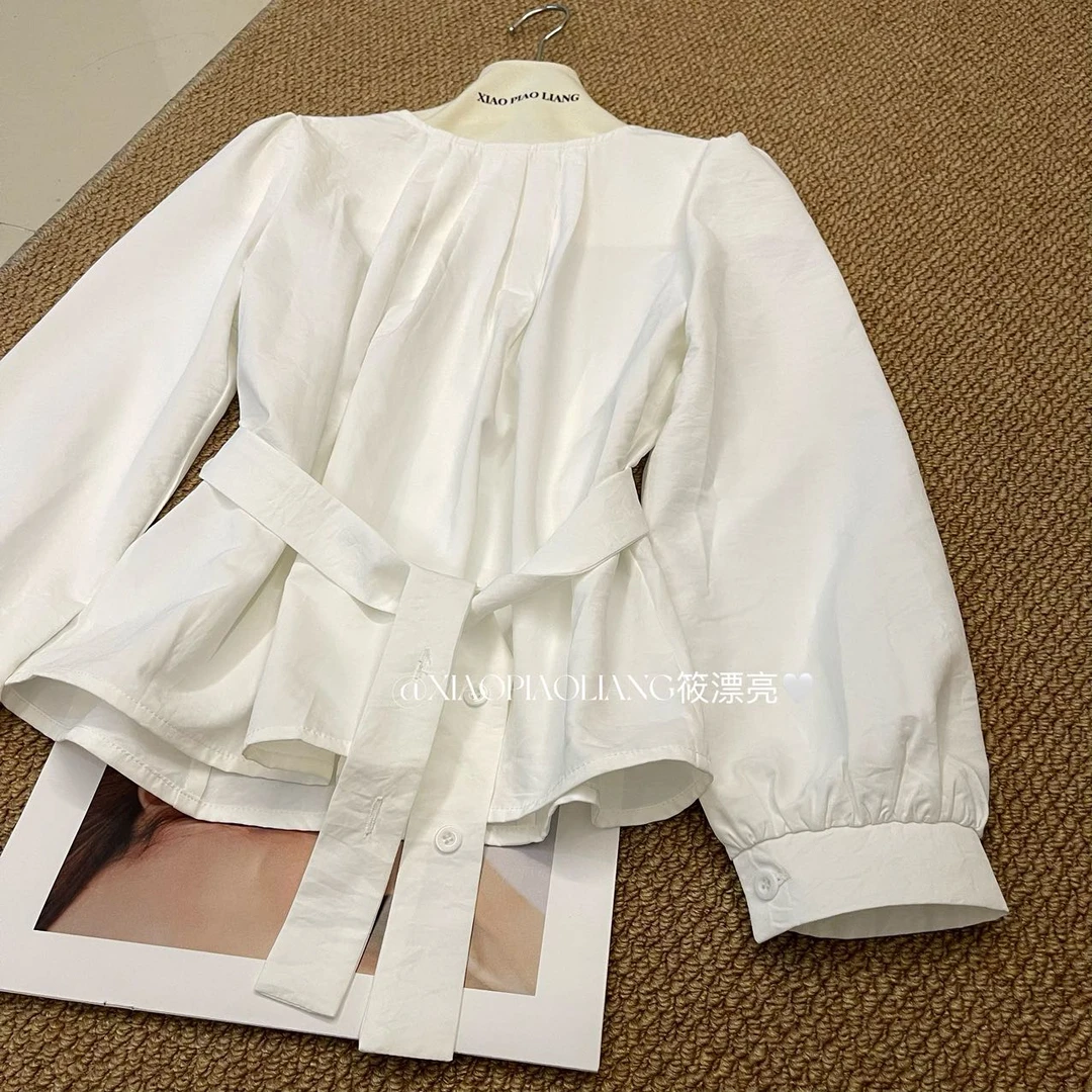 韩版时尚气质百搭显瘦收腰不规则设计圆领长袖系带上衣女7716#0.1