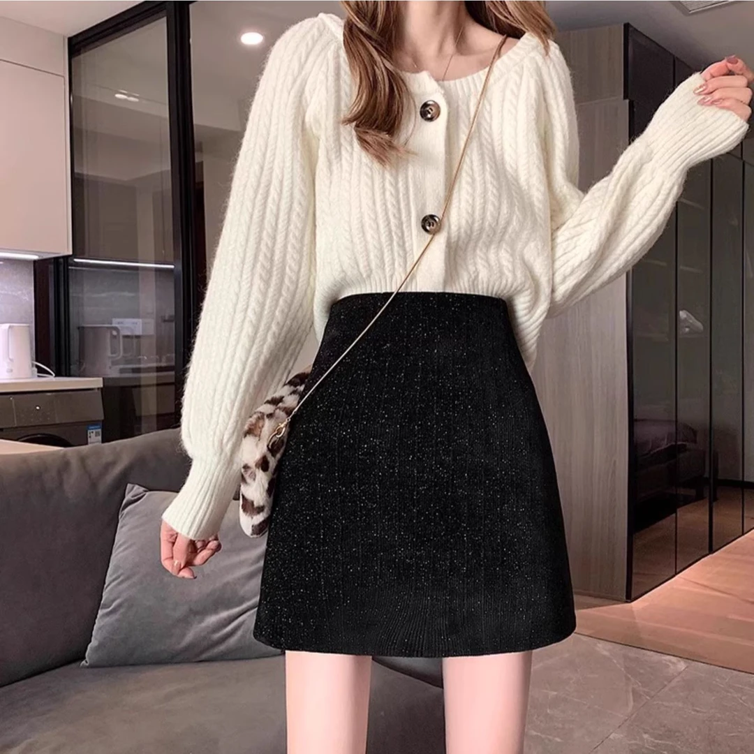 黑色亮丝星空半身裙女秋冬季2024新款小香风高腰a字毛呢包臀短裙