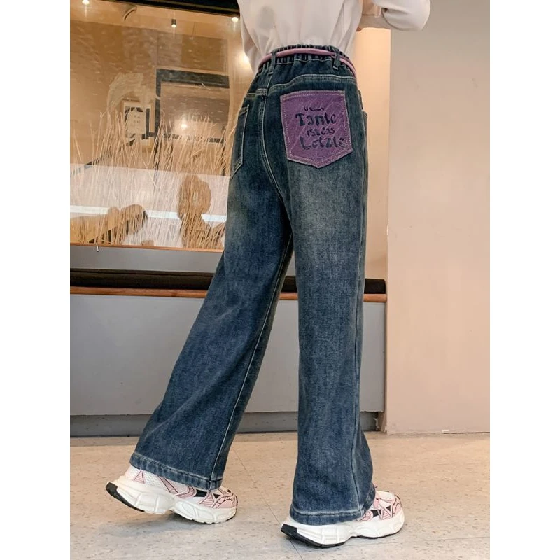 【热推爆款】女童春秋新款牛仔裤2024新款女孩宽松阔腿裤子中大童