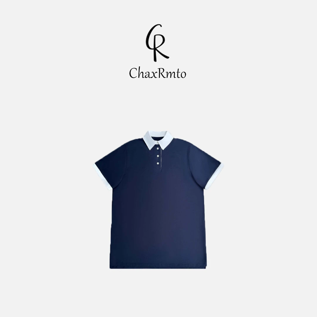 ChaxRmto斯斯 夏季蓝色拼白色POLO领休闲百搭短袖连衣裙 SC1B0624