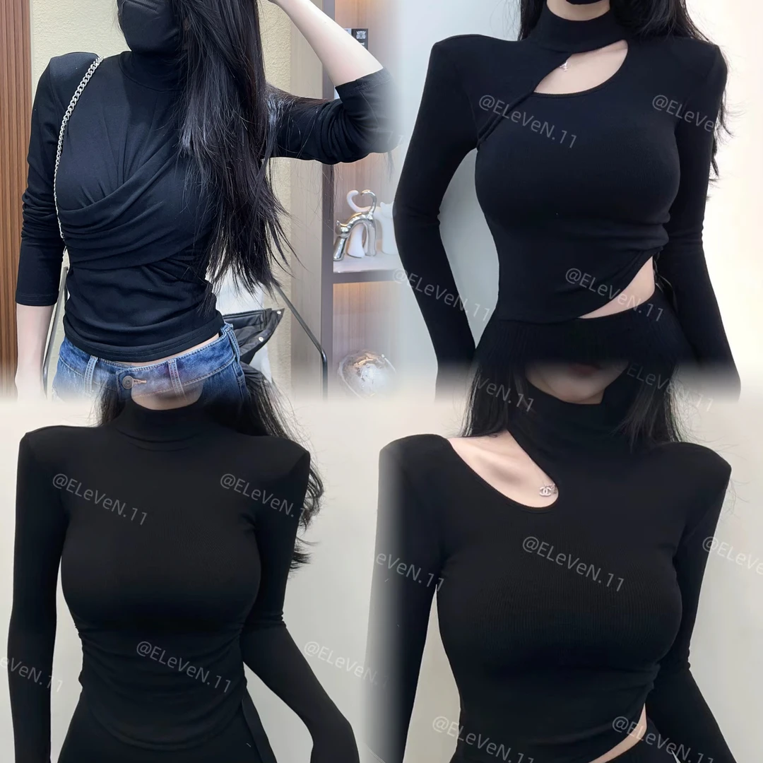 韩版设计感胸前扭花半高领长袖t恤女早秋新款修身显瘦打底衫上衣