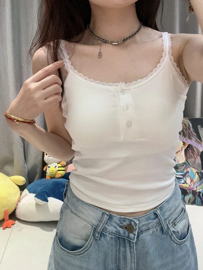 bm内搭吊带方领蕾丝小花边纽扣条纹吊带背心带胸垫外穿美背上衣