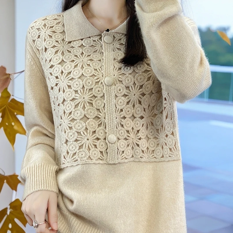 翻领羊毛衫 女 短款松厚毛衣 重手工钩花羊毛针织打底