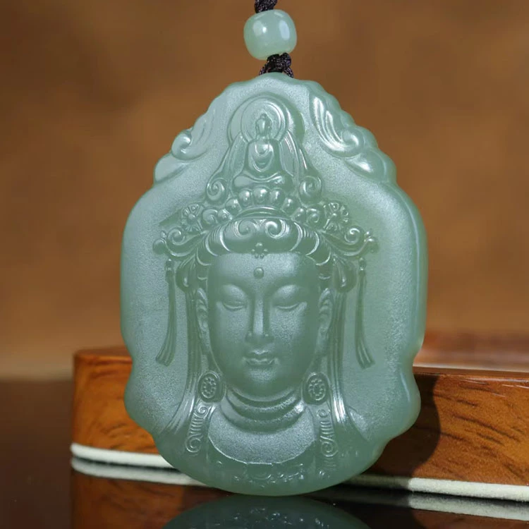 和田玉青白玉观音头吊坠项链男女款六字箴言玉牌观音菩萨玉坠双面