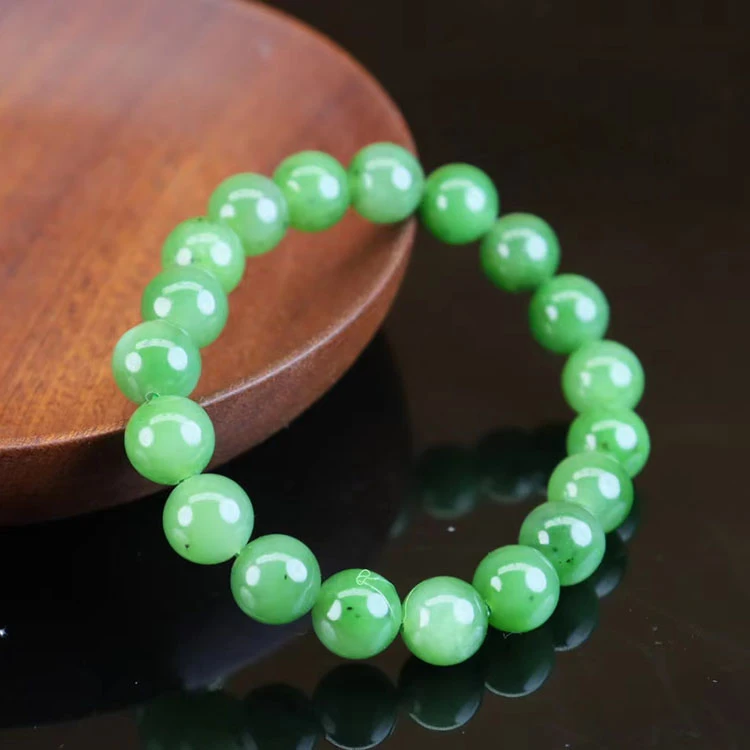 天热和田玉碧玉俄碧阳绿手串9.5-10MM菠菜绿手链手串单圈有黑点