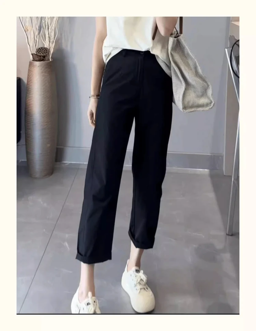 大码黑色休闲裤女秋冬胖mm高腰宽松显瘦九分遮胯直筒梨型身材裤子